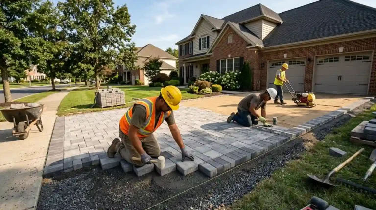 Workers showing how to install a paver driveway using interlocking concrete pavers, rubber mallet, plate compactor, and gravel base on a suburban home driveway.