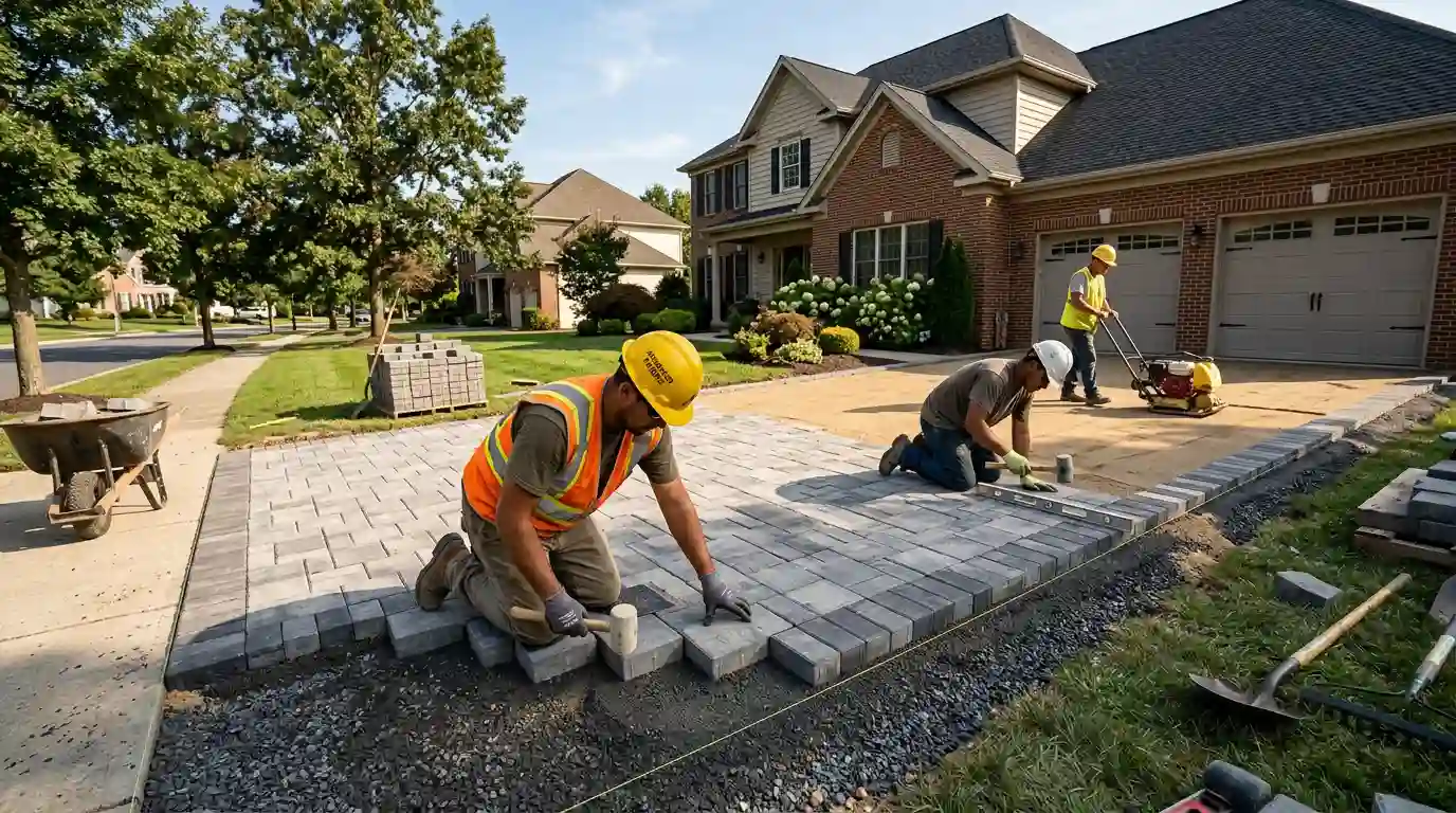 Workers showing how to install a paver driveway using interlocking concrete pavers, rubber mallet, plate compactor, and gravel base on a suburban home driveway.