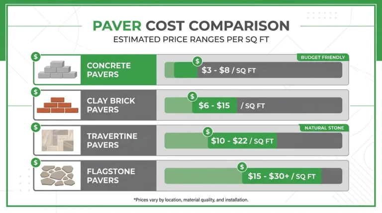 aver driveway cost comparison chart showing price ranges per sq ft for concrete pavers, clay brick, travertine, and flagstone paver installation.