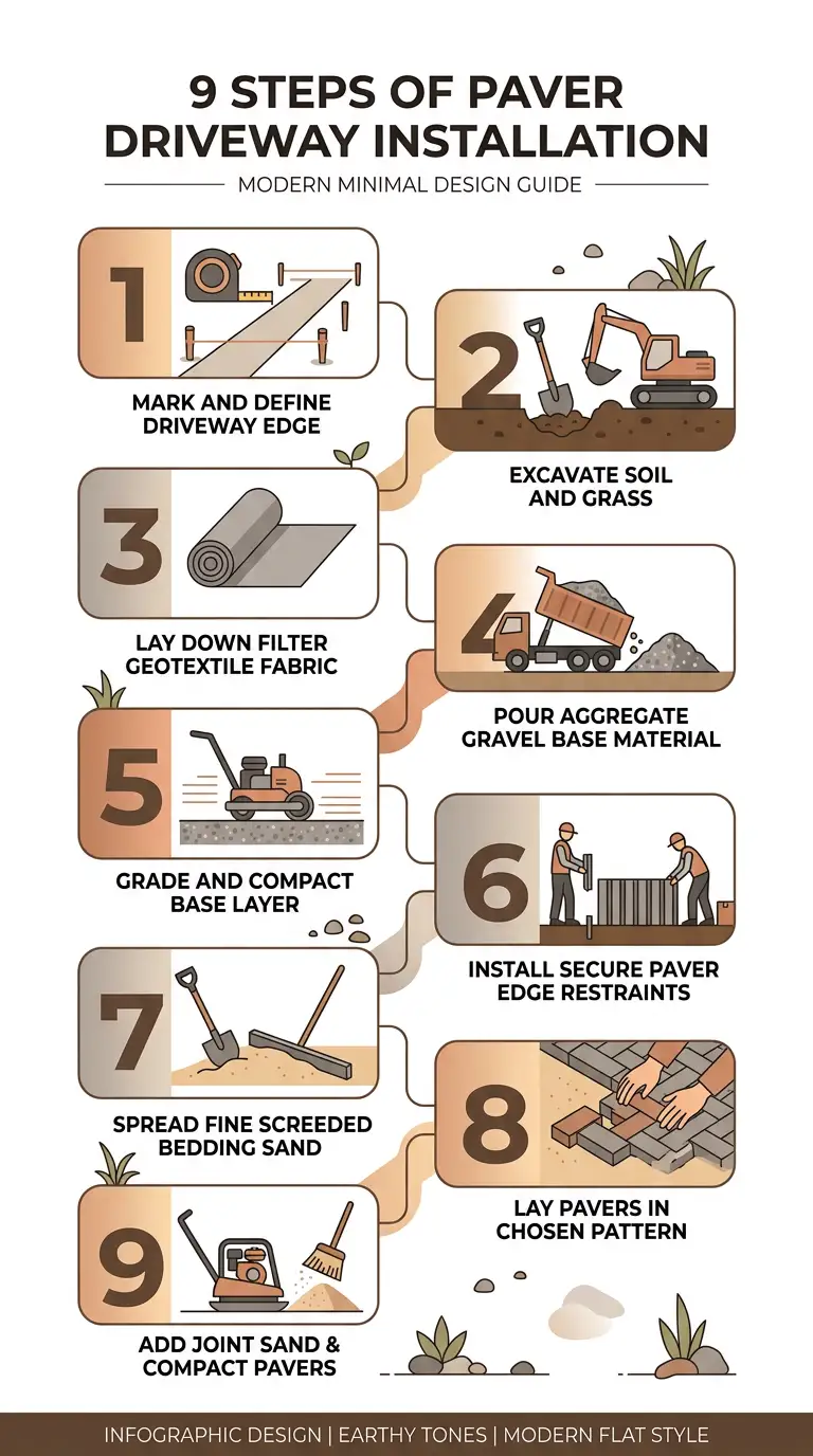 9-step paver driveway installation infographic showing excavation, gravel base, geotextile fabric, bedding sand, edge restraints, and laying pavers in pattern.