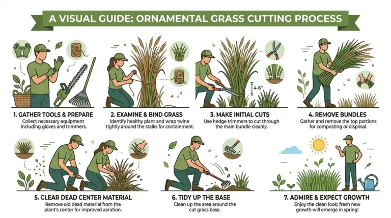 A 7-step visual guide showing how to cut back ornamental grass — gathering tools, binding with twine, cutting with hedge trimmers, removing bundles, clearing dead center material, tidying the base, and watching new spring growth emerge.