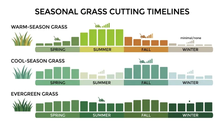 Seasonal grass cutting timeline infographic showing when to cut back ornamental grasses — warm-season, cool-season, and evergreen grass types across spring, summer, fall, and winter.