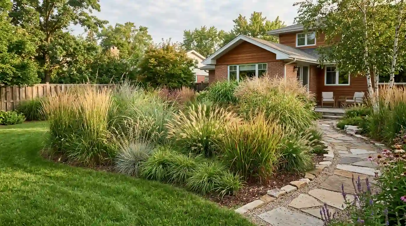 A lush ornamental grass garden showing Miscanthus, Pennisetum, and blue fescue planted along a stone pathway in a well-maintained suburban backyard — ideal reference for when to cut back ornamental grasses seasonally.