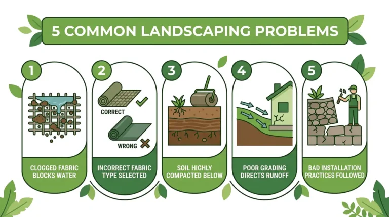 5 common causes of water retention in landscape fabric — clogged fabric, incorrect fabric type, compacted soil, poor grading, and bad installation practices