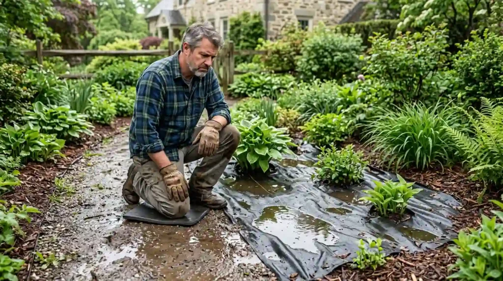 Why does my landscape fabric hold water — frustrated homeowner kneeling beside a garden bed with standing water pooling on black landscape fabric after rain
