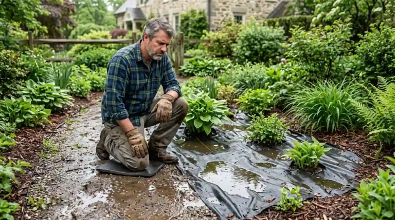 Why does my landscape fabric hold water — frustrated homeowner kneeling beside a garden bed with standing water pooling on black landscape fabric after rain
