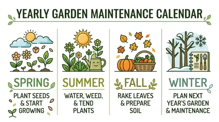Yearly garden maintenance calendar showing seasonal landscape fabric care tasks — spring planting, summer weeding, fall soil prep, and winter garden planning