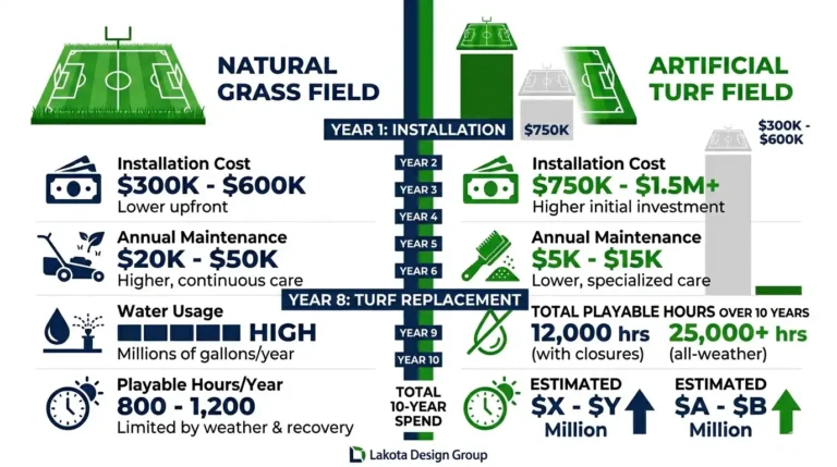 10-year total cost of ownership infographic comparing natural grass vs artificial turf football field — installation cost, annual maintenance, turf replacement at year 8, and total playable hours over 10 years by Lakota Design Group