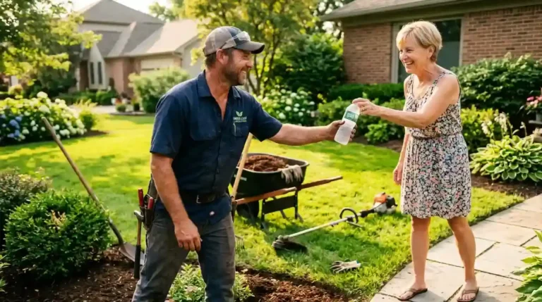 Homeowner offering a cold water bottle to a landscaper working in a sunny backyard — a simple alternative to tipping lawn care workers after a hard day