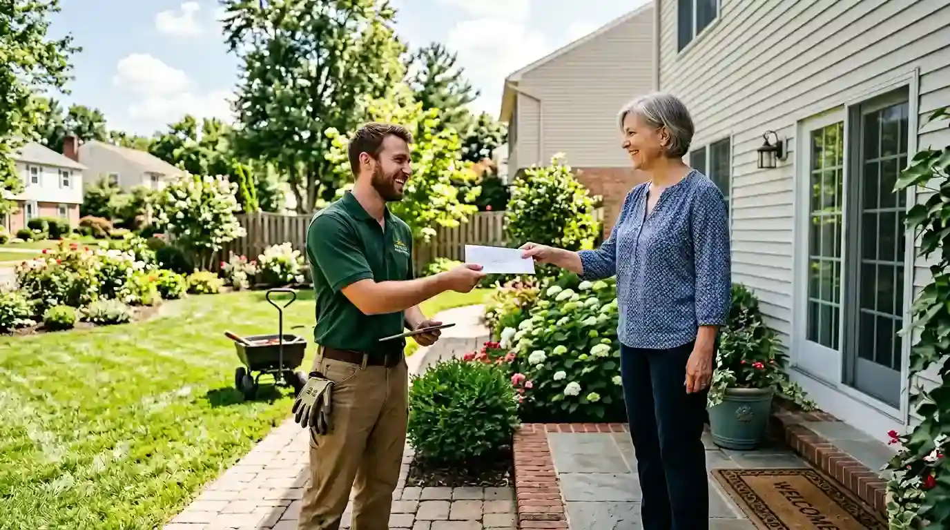 Homeowner handing a tip envelope to a smiling landscaper in a green uniform outside a well-maintained suburban home — do you tip landscapers guide