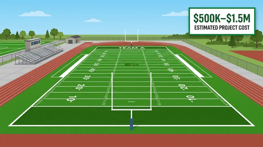 How much does a turf football field cost — flat-style illustration of an artificial turf football field with yard lines, goal posts, running track, bleachers, and $500K–$1.5M estimated project cost label