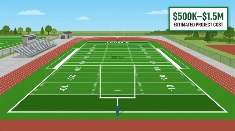 How much does a turf football field cost — flat-style illustration of an artificial turf football field with yard lines, goal posts, running track, bleachers, and $500K–$1.5M estimated project cost label