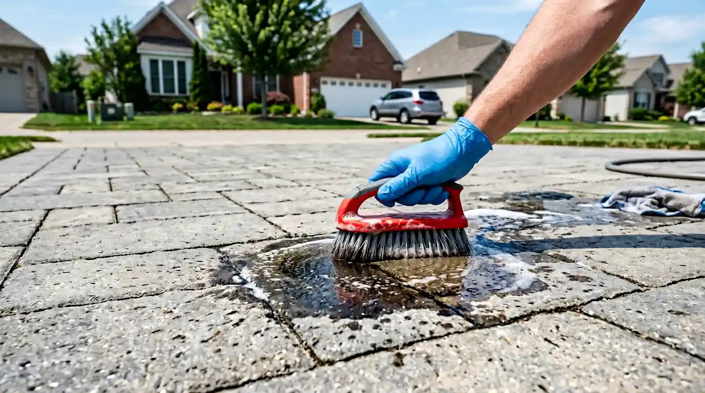 A person wearing blue gloves scrubbing an oil stain on concrete pavers with a red brush and soapy water — how to remove oil stains from pavers on a suburban driveway.