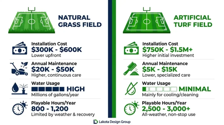 Natural grass vs artificial turf football field cost comparison infographic showing installation cost, annual maintenance, water usage, and playable hours per year by Lakota Design Group