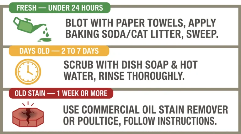 Infographic showing oil stain removal methods by age fresh under 24 hours, days old 2 to 7 days, and old stains 1 week or more with recommended cleaning steps for each stage.