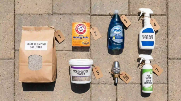 Seven numbered paver oil stain removal tools laid flat on concrete pavers — cat litter, baking soda, Dawn dish soap, heavy duty degreaser, stone poultice powder, pressure nozzle, and enzyme stain remover.