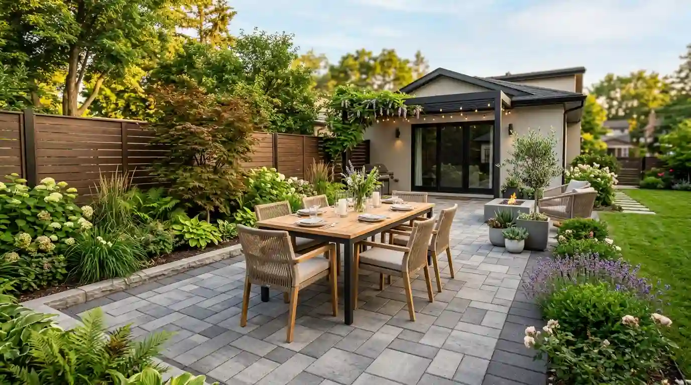 Modern backyard paver patio with outdoor dining set and landscaping — how much does a 20x20 paver patio cost depends on materials, labor, and site conditions
