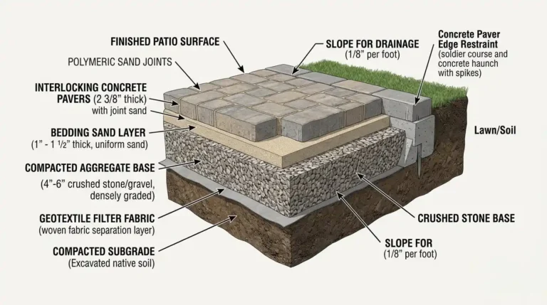 Cross-section diagram showing paver patio base layers — compacted subgrade, crushed stone base, bedding sand, interlocking concrete pavers, polymeric sand joints, and edge restraints for proper hardscape installation