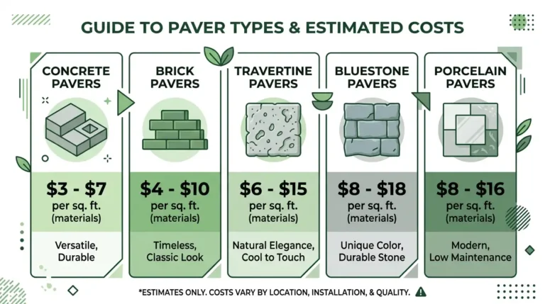 Infographic showing paver types and estimated material costs per square foot — concrete, brick, travertine, bluestone, and porcelain pavers for a 20x20 patio