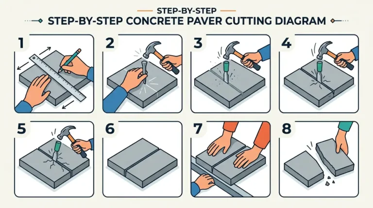 how to cut concrete pavers: Eight-step illustrated diagram showing how to cut concrete pavers with a hammer and chisel — marking, scoring, and snapping a paving stone cleanly