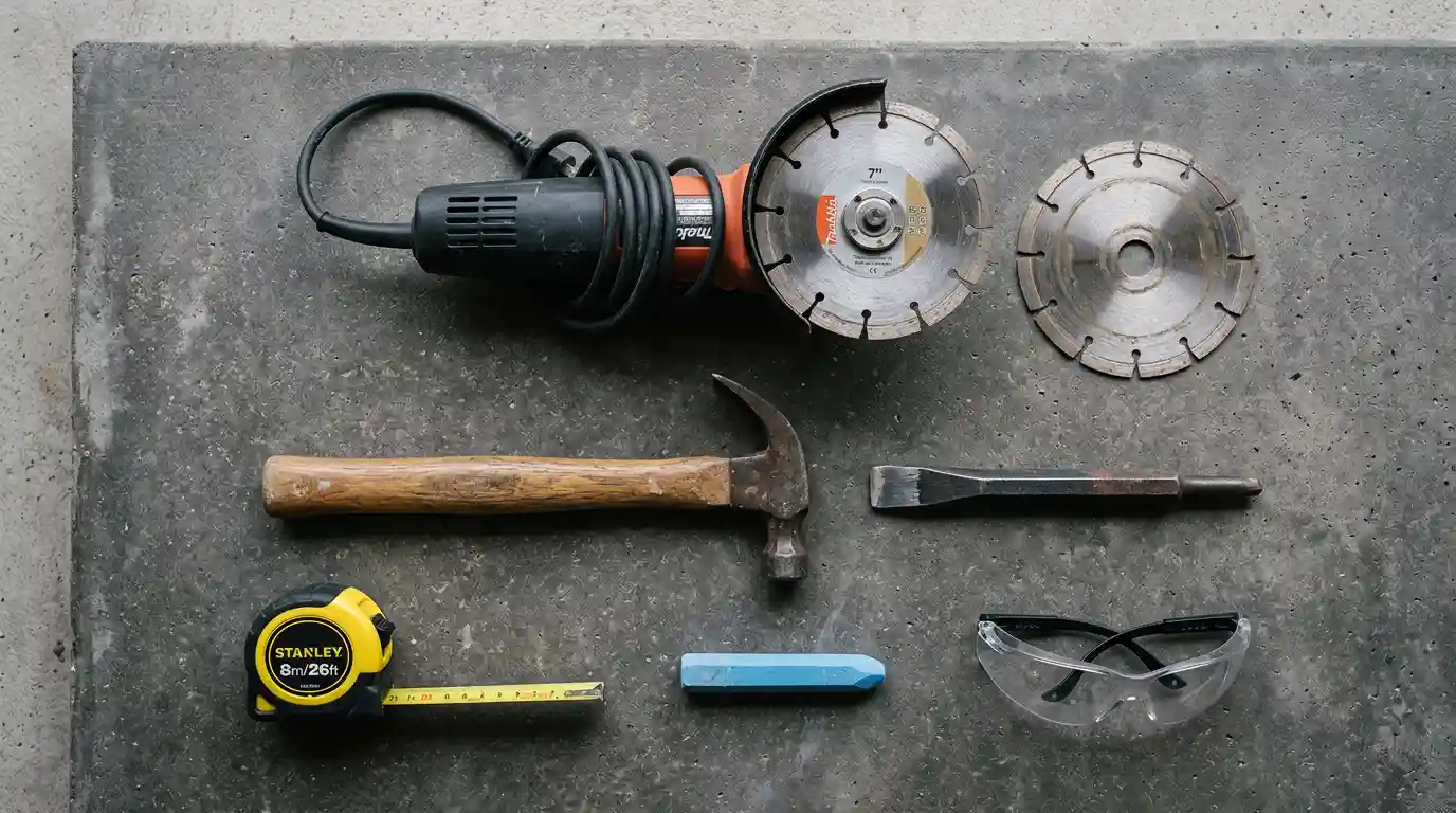 Tools needed to cut concrete pavers — angle grinder, diamond blades, hammer, chisel, tape measure, chalk marker, and safety goggles on a concrete surface