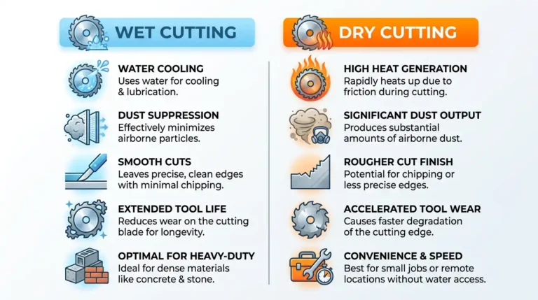Wet cutting vs. dry cutting concrete pavers comparison infographic — showing dust control, cut quality, blade wear, and best use cases for each method