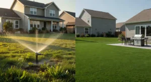 Artificial turf vs real grass side-by-side comparison showing a sprinkler on natural lawn and low-maintenance synthetic turf in a suburban backyard