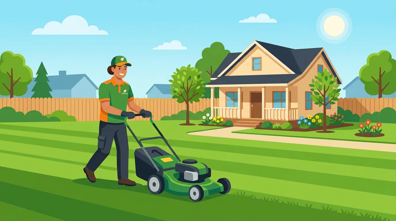 Professional lawn care worker mowing a green suburban lawn — average lawn care cost guide 2026