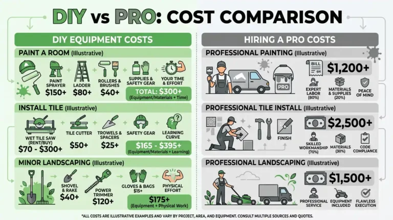 DIY vs pro cost comparison infographic showing lawn care, painting, and landscaping equipment costs versus hiring a professional service