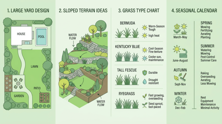 Lawn care cost factors infographic showing large yard design, sloped terrain, grass types like Bermuda and Fescue, and seasonal lawn care calendar