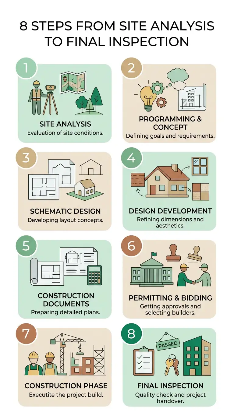 Landscape construction process infographic showing 8 steps from site analysis to final inspection including design development, permitting, construction phase, and project handover.