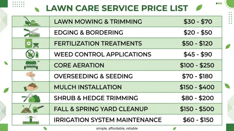 Lawn care service price list infographic showing costs for mowing, aeration, fertilization, weed control, and more in 2026
