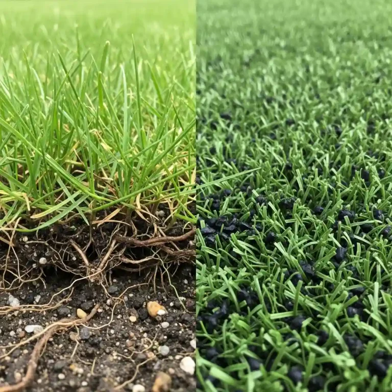Close-up comparison of natural grass roots and soil versus artificial turf fibers with crumb rubber infill showing key structural differences