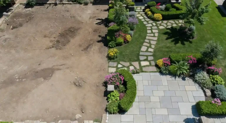 Understanding landscape construction — aerial before and after view showing bare dirt yard transformed into a finished outdoor space with stone patio, walkway, garden beds, and green lawn.