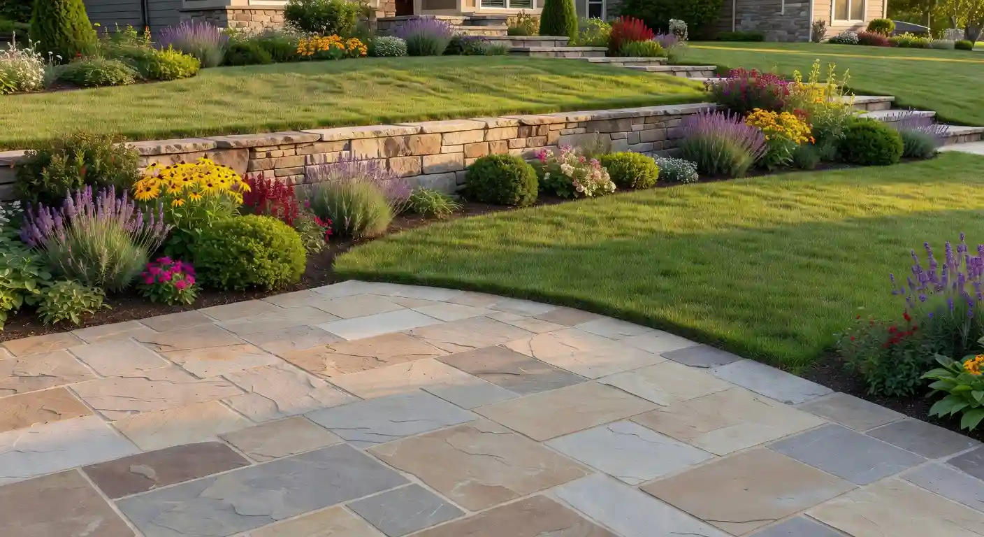 What is landscape construction — completed residential project showing a natural stone patio, retaining wall, green lawn, and colorful garden beds in warm natural light.