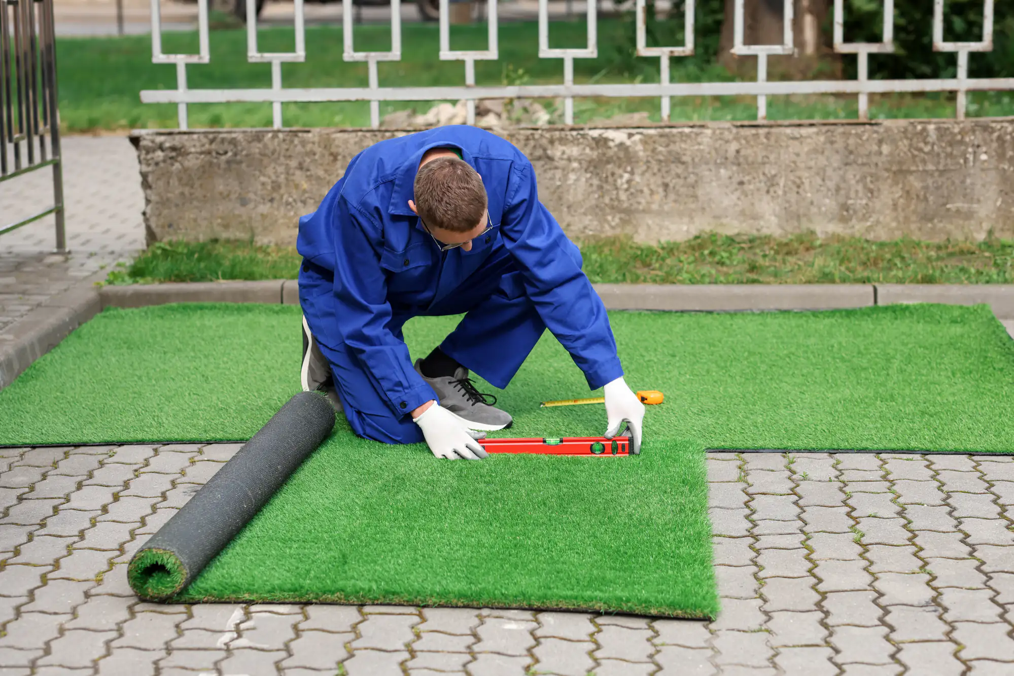 A worker in blue coveralls kneels on paving stones, using a level tool to install artificial grass. A tape measure and a rolled-up section of turf are nearby. He is wearing white gloves.